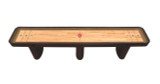 The overhead view of the Challenger Shuffleboard Table in Empire Mahogany showcases its expansive 1.5-inch thick solid hardwood playfield, protected by a polyurethane-coated surface for optimal puck glide. The built-in climate adjusters ensure precision leveling, while the rich mahogany tones bring warmth and elegance to any space. Designed for smooth, tournament-quality gameplay, this handcrafted table delivers both performance and aesthetic appeal.