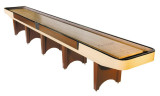 Venture Shuffleboard 12' Classic Cushion Coin-op Shuffleboard Table, a long wooden table with a smooth playing surface, cushion borders, and coin operation mechanism for arcade-style gaming.