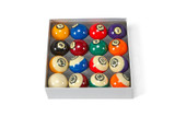 Brunswick Billiards Brunswick Centennial Billiard Ball Set, colorful numbered billiard balls in a white box.