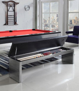 Playcraft Monaco Slate Pool Table & Dining Top – Gloss Black on Silver, modern multi-purpose game table with integrated storage for pool cues and accessories in a stylish living space with city skyline view.