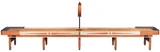 Playcraft Telluride Honey Shuffleboard Table with optional Overhead Electronic Scoring, wooden shuffleboard table with a tall overhead electronic scorer in the center.
