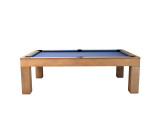 Doc & Holliday Paula Parsons Slate Pool Table, a wooden pool table with a blue playing surface and black accents on the corners.