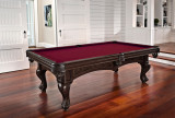 Brunswick Billiards Brunswick 8' Santini Slate Pool Table, traditional dark wood finish with a deep red felt surface in a well-lit game room.