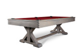 Doc & Holliday Hepburn Pool Table, stylish billiards table with a red felt surface and wooden frame on a sturdy wooden stand.