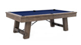 Plank & Hide Co Isaac Pool Table & Shuffleboard Combo, a rustic wooden game table with a blue top for both pool and shuffleboard games, featuring sturdy wooden legs and metal hardware.