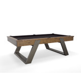 Plank & Hide Co Modesto Pool Table, whiskey finish with modern metal legs and wooden frame, featuring a sleek black playing surface.