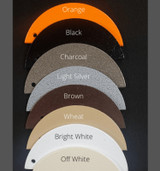 Sawyer Twain Nomad 1000 All Weather Outdoor Pool Cue Floor Rack, color sample swatches including orange, black, charcoal, light silver, brown, wheat, bright white, off white showing a variety of finish options.