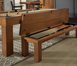 American Heritage Billiards American Heritage Alta Multi-functional Storage Bench in Brushed Walnut, featuring a wooden bench with storage space for pool cues and accessories in a living room setting.
