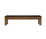 American Heritage Billiards American Heritage Alta Multi-functional Storage Bench in Brushed Walnut, showcasing a sleek bench with a leather top and sturdy wooden legs designed for versatile use.