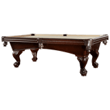 American Heritage Billiards Marietta 8' Slate Pool Table - Sierra Finish, a classic wooden pool table with carved legs and detailed edge design, featuring a beige felt playing surface.