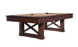 American Heritage Billiards Farmhouse Slate Pool Table in Cappuccino Finish, wooden pool table with a beige playing surface and sturdy dark wood frame.