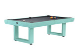American Heritage Billiards American Heritage Lanai Outdoor Pool Table in Teal, a stylish outdoor pool table with a teal finish, black playing surface, and set of billiard balls.