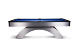 Doc & Holliday Poshy Pool Table | Rainbow Edition, sleek modern pool table featuring a vibrant blue surface and a contemporary silver and black frame.