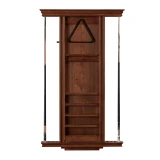 American Heritage Billiards Venice Rack, wooden billiard cue and accessory rack with suede finish, features multiple shelves and a triangular cue holder.
