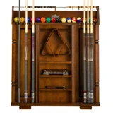 American Heritage Billiards Providence Rack, suede billiard cue and pool ball storage rack with wooden frame and multiple cues and balls.