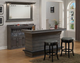 American Heritage Billiards Caliente Home Bar | Glacier, modern home bar with dark wood finish, two barstools, large mirror, and glassware display, in a stylish living room with large window.