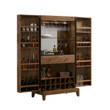 American Heritage Billiards Braxton Wine Cabinet, made of reclaimed wood, featuring glassware, wine bottles, and storage shelves for beverages and accessories.