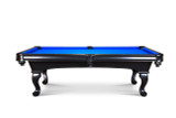Doc & Holliday Elvira Slate Pool Table, black and blue billiard table with ornate legs and padded rails.