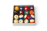 Full set of Brunswick Heritage Pocket Balls on white background, showcasing rich colors, classic numbers, and polished resin finish.