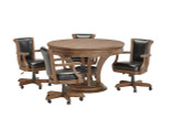 Brunswick Billiards Brunswick Centennial Game Table Set, round wooden game table with four black leather upholstered chairs on caster wheels.