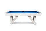 Doc & Holliday Deco Pool Table by Doc & Holliday, modern white pool table with blue playing surface and angled wooden legs.
