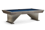 Brunswick Billiards Brunswick Brescia 8' Slate Pool Table, modern style pool table with a blue felt surface and unique metal leg design.