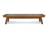 Doc & Holliday George Shuffleboard Table in Gray Walnut, modern rectangular shuffleboard table with sleek wood finish and sturdy angled legs.