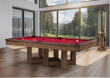 Plank & Hide Covington Slate Pool Table, a stylish wooden pool table with red felt surface inside a modern home with large windows and scenic outdoor view.