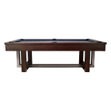 American Heritage Billiards Abbey 8' Slate Pool Table in Espresso, Sawyer Twain with wooden frame and black rubber bumpers.
