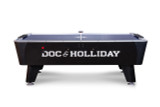 Doc & Holliday x Dynamo Pro Style Air Hockey Table, black air hockey table with white logo and digital scoreboard, professional arcade style for entertainment and game room use.