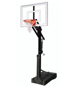 First Team Inc First Team OmniJam Adjustable Portable Basketball Hoop, freestanding basketball system with adjustable height, sturdy black base, backboard, and rim with net for outdoor basketball games.