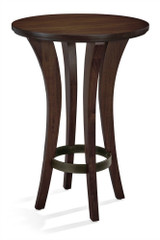 Brunswick Billiards Centennial Pub Table, elegant dark wood high-top table with curved legs and metal ring support.