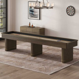 Plank & Hide Co Plank & Hide Deco Shuffleboard Table in Brushed Greige, modern game room with rectangular shuffleboard table, wooden furniture, wall art, and dartboard on white walls.