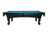 Doc & Holliday Heritage 8' Slate Pool Table – Matte Black Oak, a stylish pool table with a matte black oak finish, blue felt surface, and traditional carved legs, made in the USA.