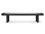 American Heritage Billiards Lanai Outdoor Shuffleboard Table – Obsidian Black, 9' or 12' size, sleek black finish, sturdy legs, and shuffleboard surface for outdoor entertainment and games.