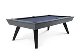 3/4 view of the Bellano Slate Pool Table in Matte Smoke by Doc & Holliday, shown on white with solid maple, tapered rails, and angled black powder-coated steel legs. Exclusive to Sawyer Twain.