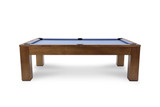 Front view of the Peter Parsons Custom Slate Pool Table by Doc & Holliday with Championship Academy Blue felt, leather pockets, clean rails, and modern Parsons-style legs.