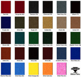 American Heritage Billiards American Heritage Finish Samples, collection of colorful finish swatches including red, burgundy, titanium, charcoal, steel gray, black, purple, olive, taupe, golden, khaki, caramel, brown, basic green, champ green, dark green, bottle green, English green, aztec, brick, navy, wine, academy blue, euro blue, electric blue, brine blue,brite orange, brite gold, and brite pink.