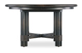Hooker Furniture Retreat Pole Rattan Round Dark Wood Dining Table with 1-20 inch leaf, showcasing a dark wood finish and a round tabletop with a sturdy rattan style base.