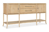 Hooker Furniture Retreat Pole Rattan Light Wood Sideboard, side view of a stylish wooden sideboard with rattan accents and multiple storage compartments.