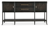 Hooker Furniture Retreat Pole Rattan Dark Wood Sideboard, black wooden sideboard with rattan accents and metal frame.