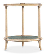 Hooker Furniture Retreat Raffia Blue Sand End Table, a stylish accent table with a natural wood frame, raffia blue sand finish, and round top with woven textured surface.