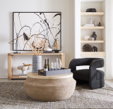 Hooker Furniture Retreat Console Table, modern living room with beige wooden console table displaying decorative items and artwork.