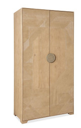 Hooker Furniture Retreat Split Rattan Wardrobe, wooden wardrobe with geometric carved panels and a circular metal handle in the center.