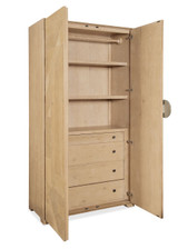 Hooker Furniture Retreat Split Rattan Wardrobe, light wood wardrobe with multiple shelves, drawers, and a hanging rod for clothing storage.