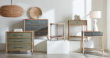 Hooker Furniture Retreat Pole Rattan Bedside Table in Blue, indoor setting with multiple tables and decorative items.