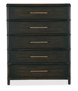Hooker Furniture Retreat Pole Rattan Five-Drawer Dark Wood Chest, dark wood chest with five drawers and metal handles, featuring a rattan pole design along the edges.