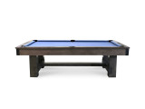 The Empire Ironwood Slate Pool Table in rustic grey finish with black metal corner accents and exposed bolts, shown from the front angle. Perfect blend of industrial style and luxury game room design.