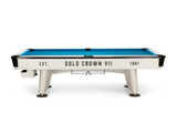 Brunswick Billiards Gold Crown VII 9' Tournament Edition Pool Table, white and black with blue playing surface and vintage design.