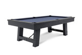Plank & Hide Isaac pool table in Black Ash shown with the dining top installed, featuring ash wood grain, a modern trestle-style base, black metal support details, and Sawyer Twain exclusive styling.